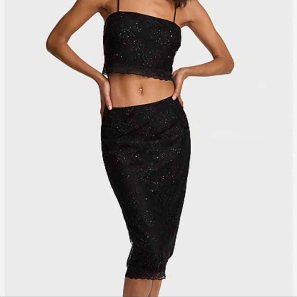 Victoria's Secret Black Lace Crop Top and Skirt Set NWT
